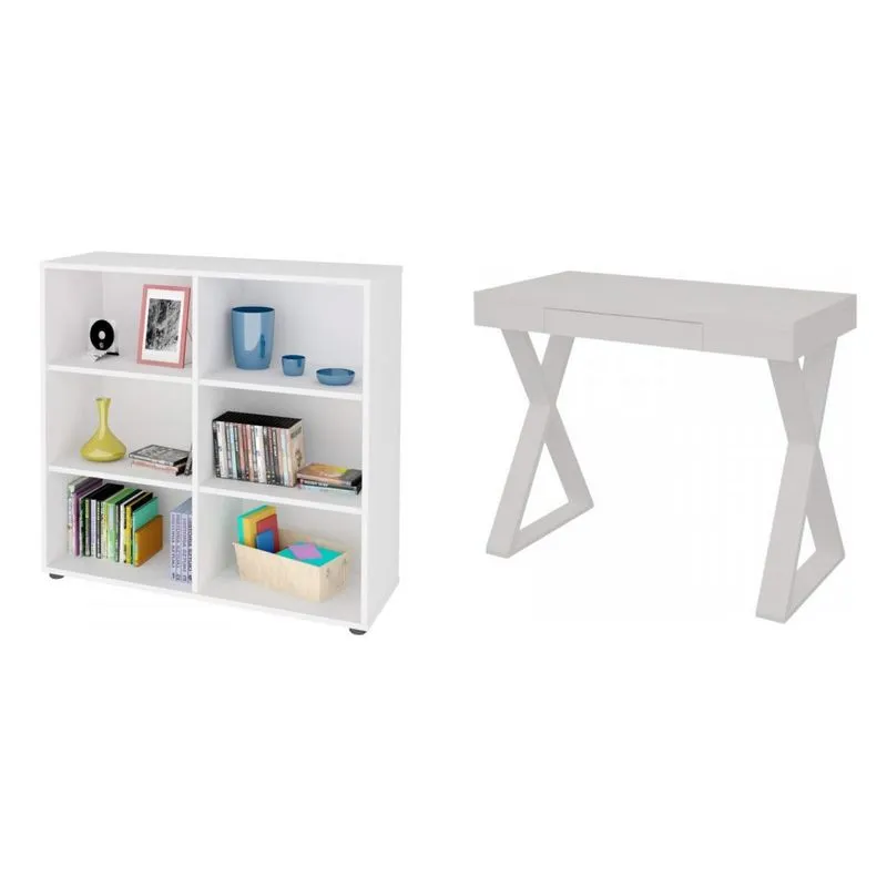 Escritório Completo MadeiraMadeira com Escrivaninha 1 Gaveta e Estante 6 Nichos 446220 Branco