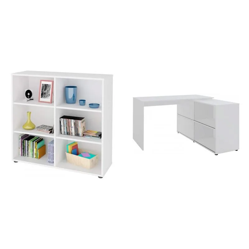 Escritório Completo MadeiraMadeira com Mesa 2 Portas de Correr e Estante 6 Nichos 446243 Branco