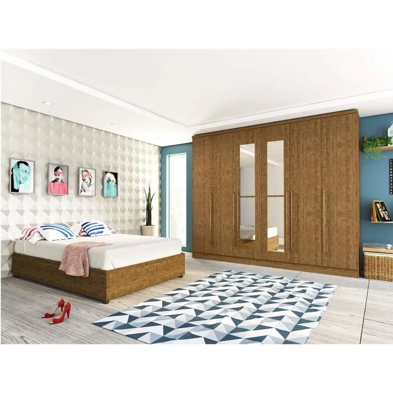 Quarto de Casal Completo com Cama e Guarda Roupa com Espelho Espresso Móveis