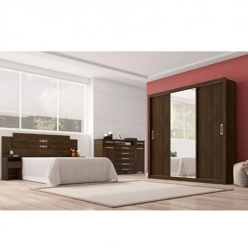 Quarto de Casal Completo com Guarda Roupa 3 Portas, Espelho, Cômoda e Cabeceira Demóbile Ébano