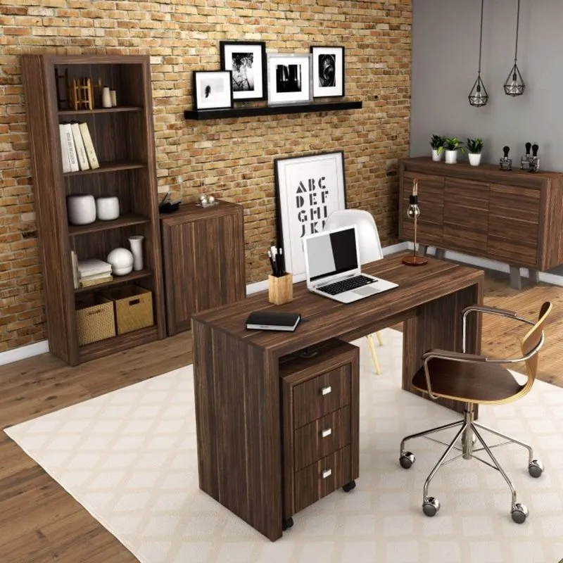 Conjunto Home Office com Mesa, Gaveteiro, Estante, Balcão 2 Portas e Balcão 3 Portas Espresso Móveis