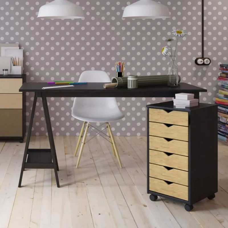 Conjunto Escritório com Escrivaninha e Gaveteiro com Rodízios Creative Móveis Três Irmãos Preto e Amadeirado