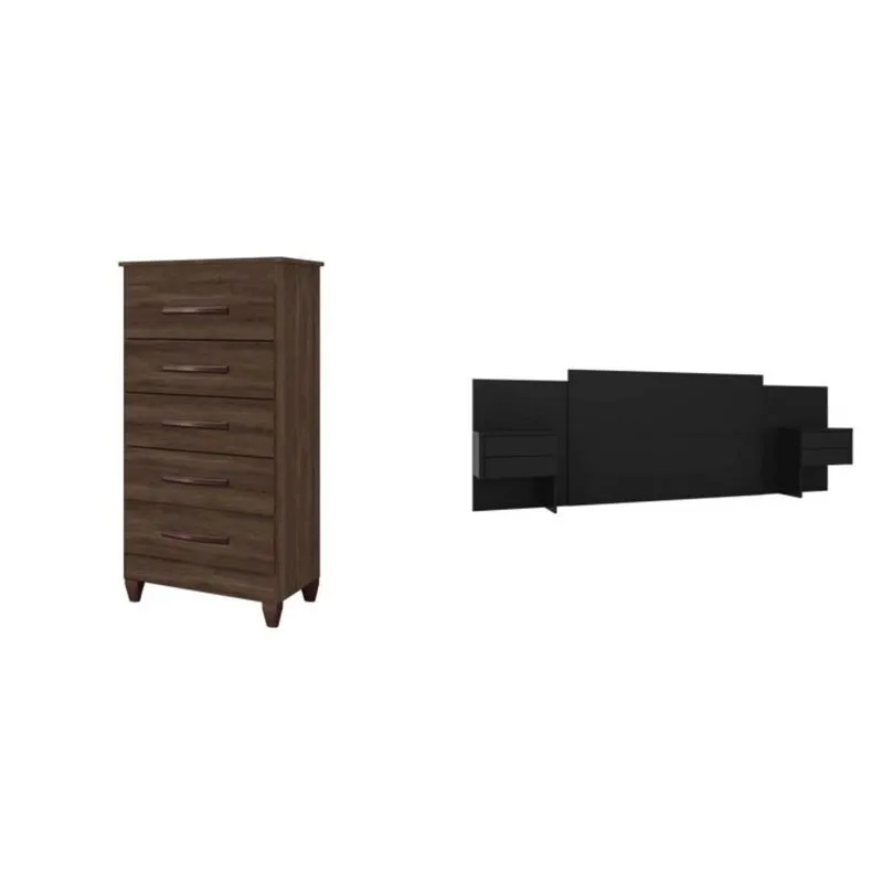 Conjunto Quarto de Casal Cabeceira Extensível e Cômoda 5 Gavetas Espresso Móveis Cedro/Preto Fosco Liso