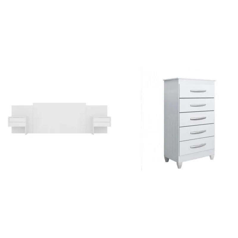 Conjunto Quarto Casal Cabeceira Extensível e Cômoda 5 Gavetas Artebras Espresso Móveis Branco