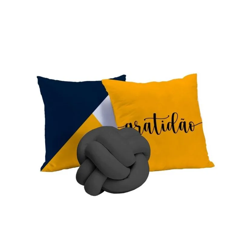 Coleção de Almofadas Mix de Estampas Gratidão Cinza 03 Peças Casaborda Cinza