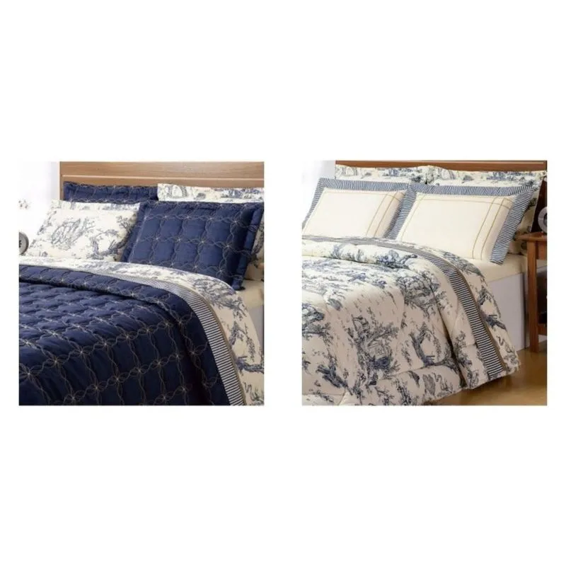 Conjunto Cobre Leito e Jogo de Lençol Porcelana Queen 7 Peças Casaborda Azul/Palha