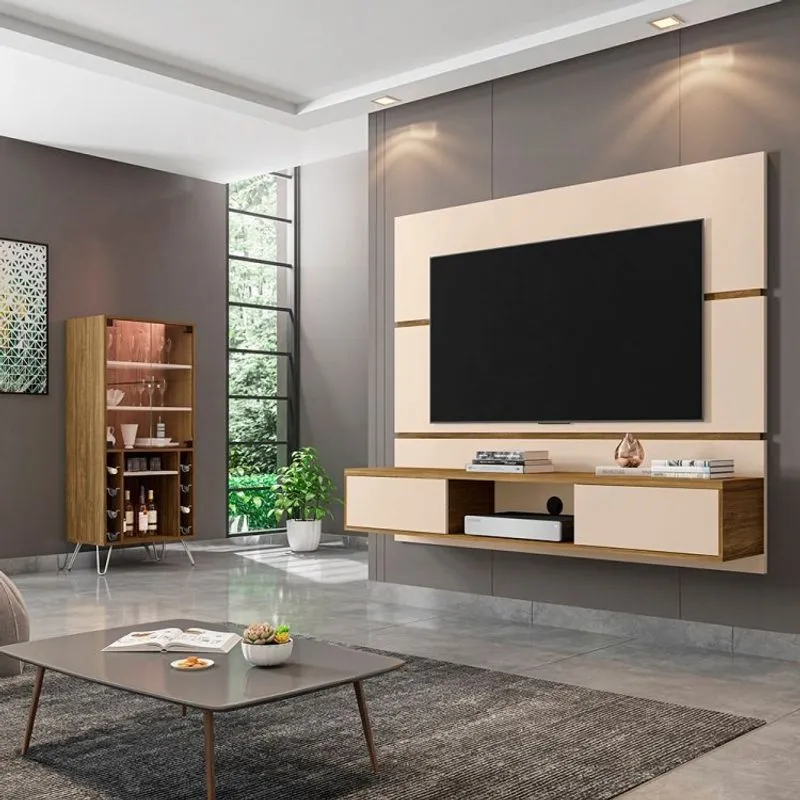 Conjunto Painel Âmbar para TV até 65 Polegadas e Cristaleira Scala Pés de Metal Móveis Bechara Off-White/Cinamomo