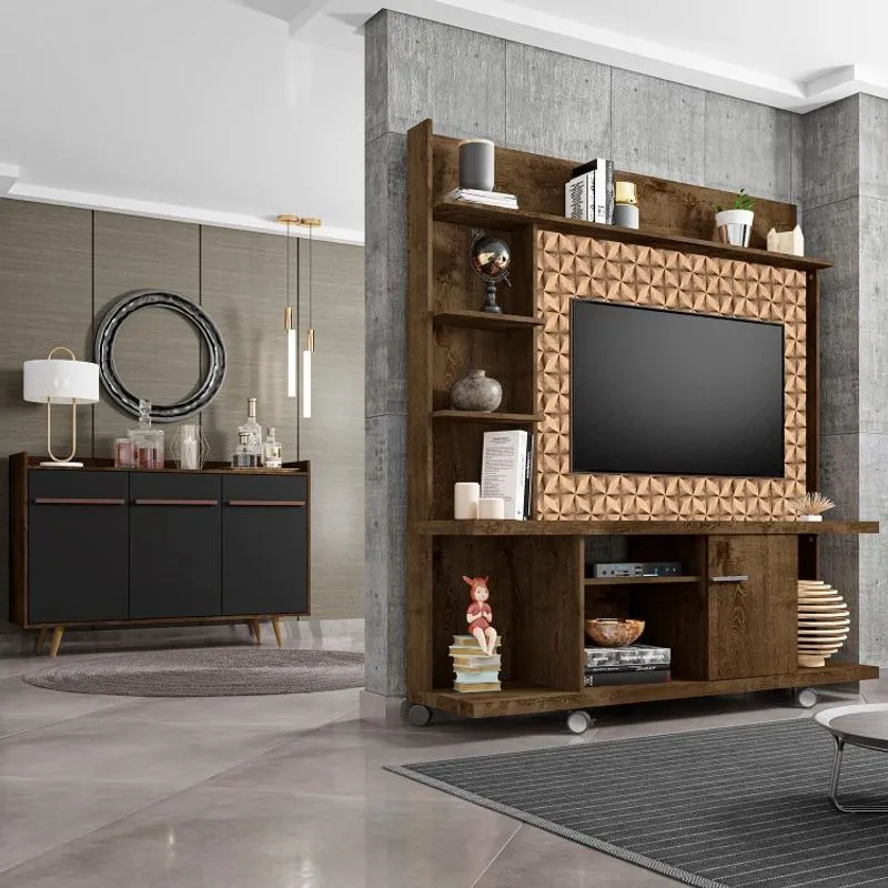 Conjunto Home Taurus para TV até 47 Polegadas e Buffet Quartzo Pés de Madeira Móveis Bechara Madeira Rústica/3D