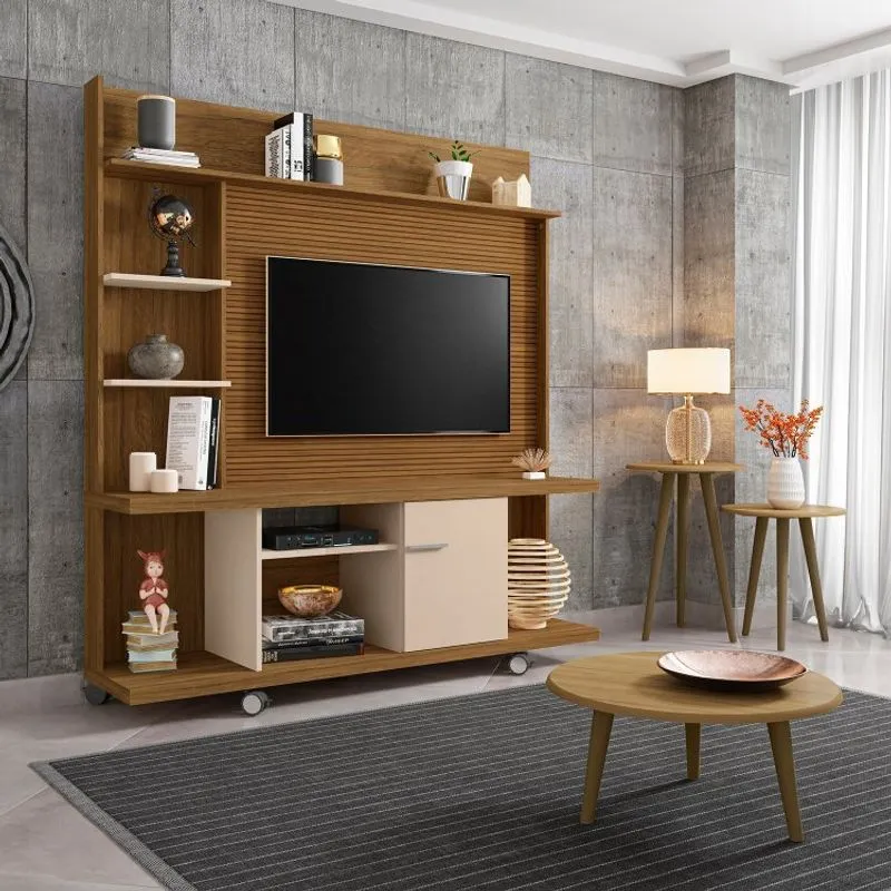 Conjunto Home Taurus para TV até 47 Polegadas e Mesas Decorativas Pés de Madeira Móveis Bechara Cinamomo/Off-White/Ripado