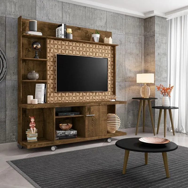 Conjunto Home Taurus para TV até 47 Polegadas e Mesas Decorativas Pés de Madeira Bechara Móveis Bechara Madeira Rústica/3D