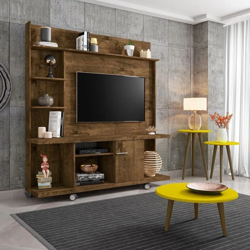 Conjunto Home Taurus para TV até 47 Polegadas e Mesas Decorativas Pés de Madeira Móveis Bechara Madeira Rústica
