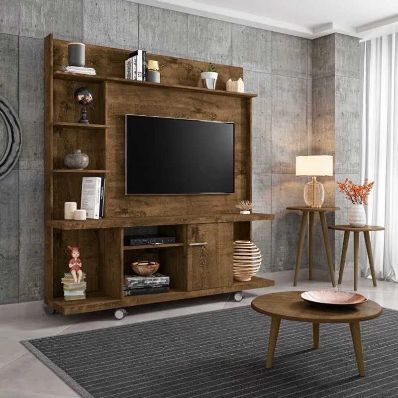 Conjunto Home Taurus para TV até 47 Polegadas e Mesas Decorativas Pés de Madeira Móveis Bechara Madeira Rústica