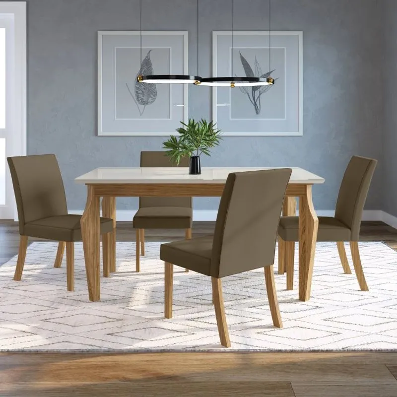 Conjunto Sala de Jantar 4 Cadeiras Lorena Espresso Móveis Nature/Off White/Bege
