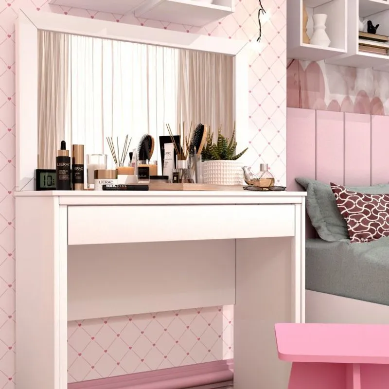 Conjunto Banqueta e Penteadeira 1 Gaveta Twister Tcil Móveis Quartzo Rosa/Branco