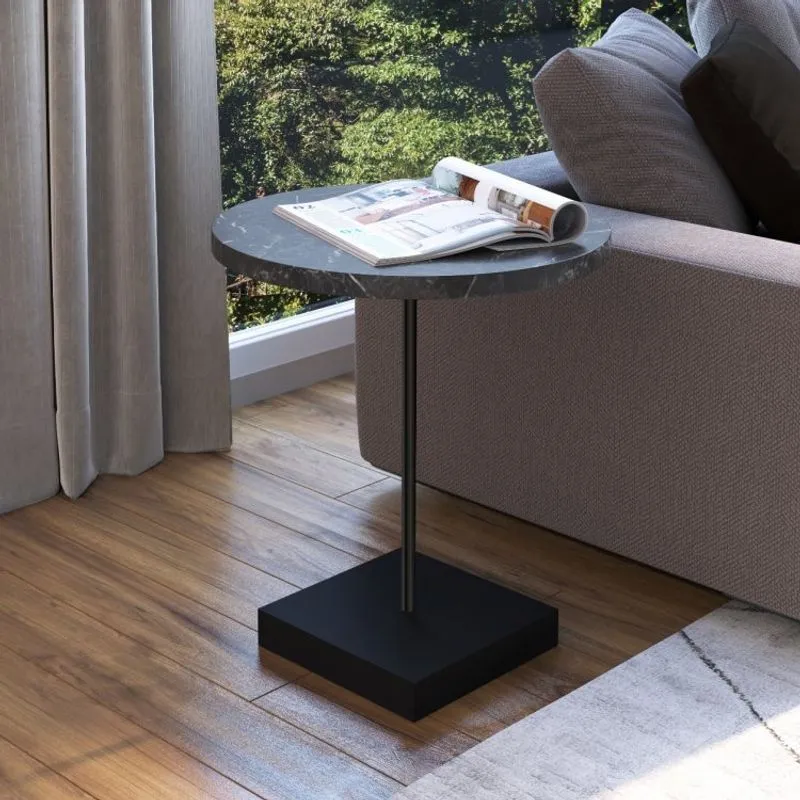 Mesa Lateral Redonda 45cm Industrial Artesano Marquina/Preto