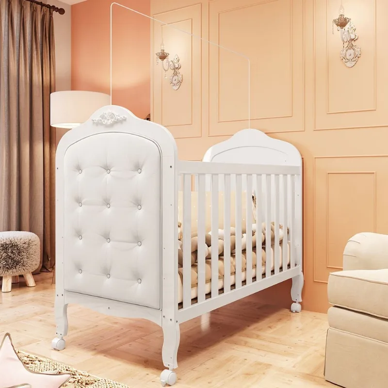 Berço Mini Cama 3 em 1 com Capitonê 100% MDF Maya Espresso Móveis Branco Brilho/Corino Branco Brilho/Corino Branco