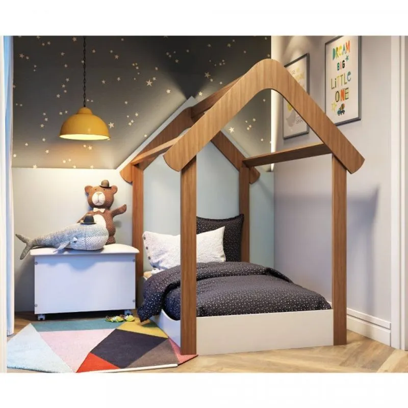 Quarto Infantil com Minicama Montessoriana Uli e Bau Elo Móveis Peroba Branco/Carvalho