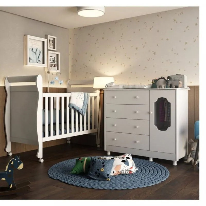Quarto de Bebê com Berço Maria e Cômoda 1 Porta 4 Gavetas Noah Móveis Peroba Branco