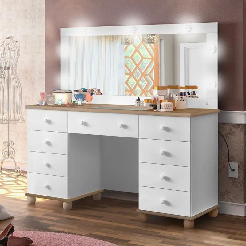 Penteadeira Camarim 9 Gavetas com LED Potente Móveis Amêndoa/Branco