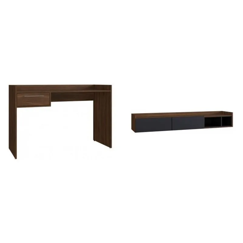 Conjunto Escrivaninha com 1 Gaveta e Rack suspenso para TV até 60 Polegadas Estilare Preto e Madeirado