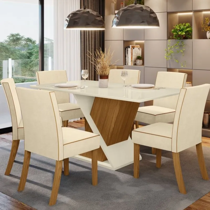 Conjunto Sala de Jantar 6 Cadeiras Daiany Henn Nature/Off White