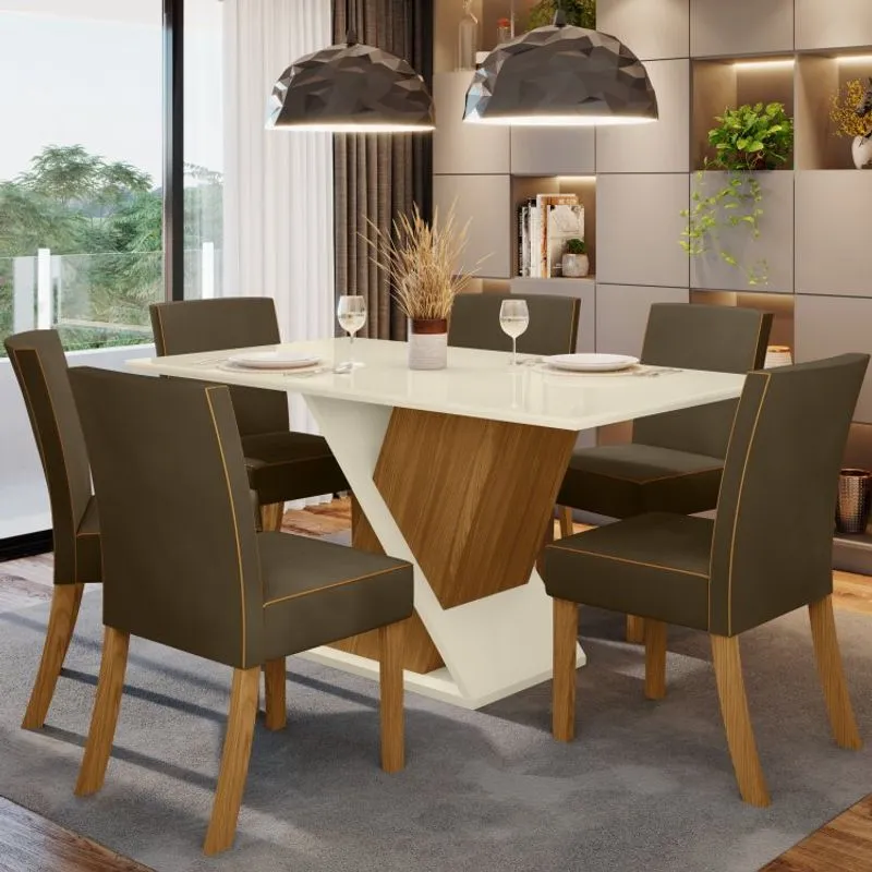 Conjunto Sala de Jantar 6 Cadeiras Daiany Henn Nature/Off White