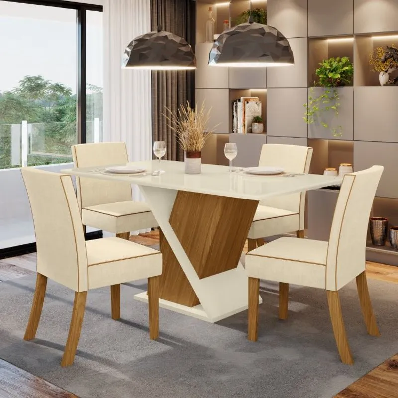 Conjunto Sala de Jantar 4 Cadeiras Daiany Henn Nature/Off White