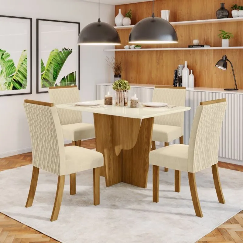 Conjunto Sala de Jantar Mesa Tampo 4 Cadeiras Janice Henn Nature/Off White