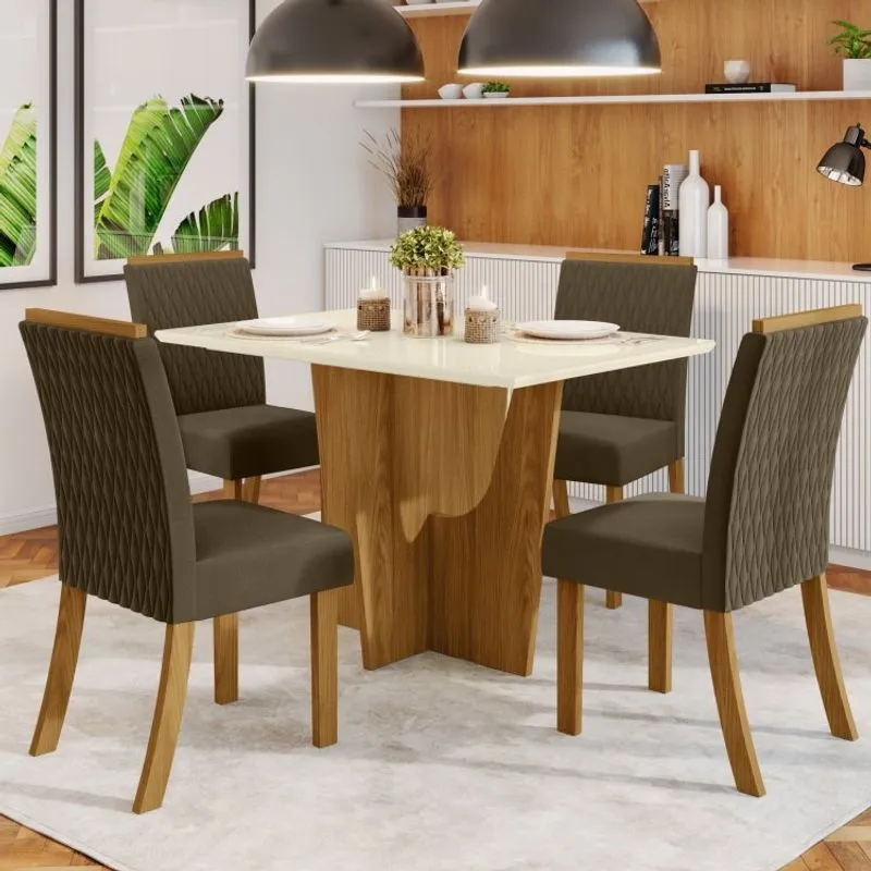 Conjunto Sala de Jantar Mesa Tampo 4 Cadeiras Janice Henn Nature/Off White