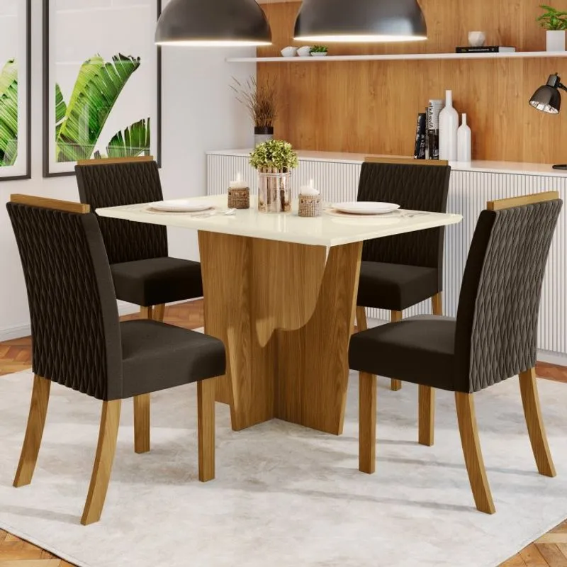 Conjunto Sala de Jantar Mesa Tampo 4 Cadeiras Janice Henn Nature/Off White