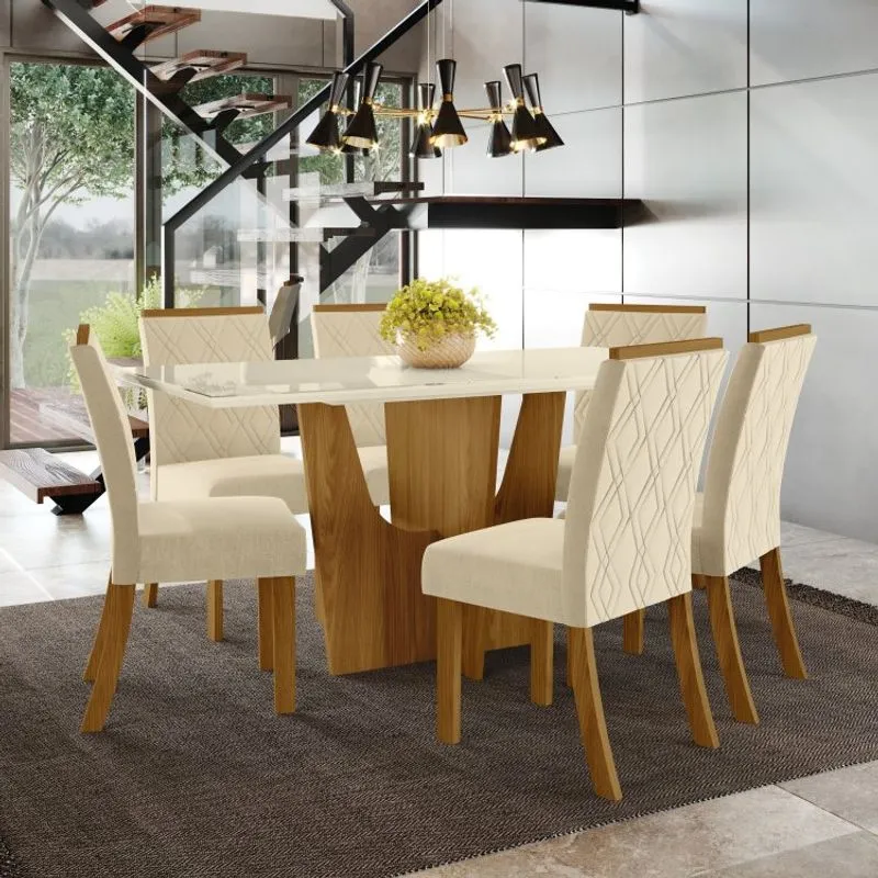 Conjunto Sala de Jantar Mesa e 6 Cadeiras Kaciane Henn Nature/Off White/Linho. Conjunto Sala de Jantar Mesa e 6 Cadeiras Kaciane Henn Nature/Off White/Linho