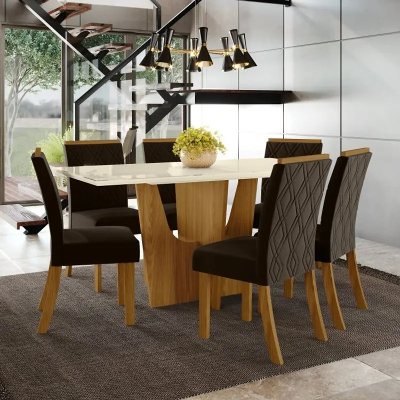 Conjunto Sala de Jantar 6 Cadeiras Kaciane Henn Nature/Off White/Marrom
