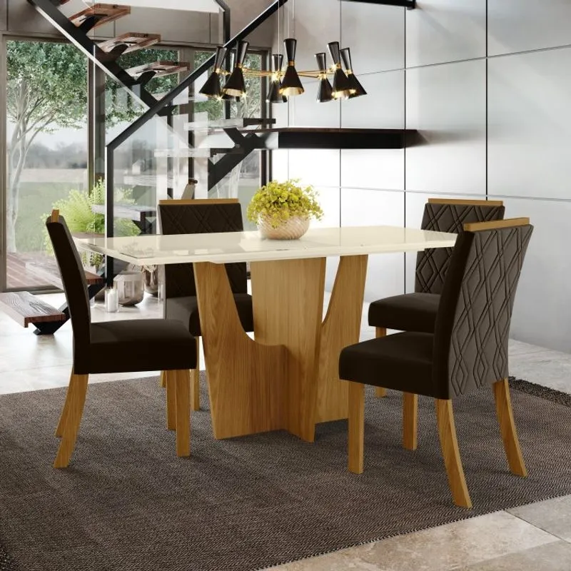 Conjunto Sala de Jantar Mesa e 4 Cadeiras Kaciane Henn Nature/Off White/Marrom