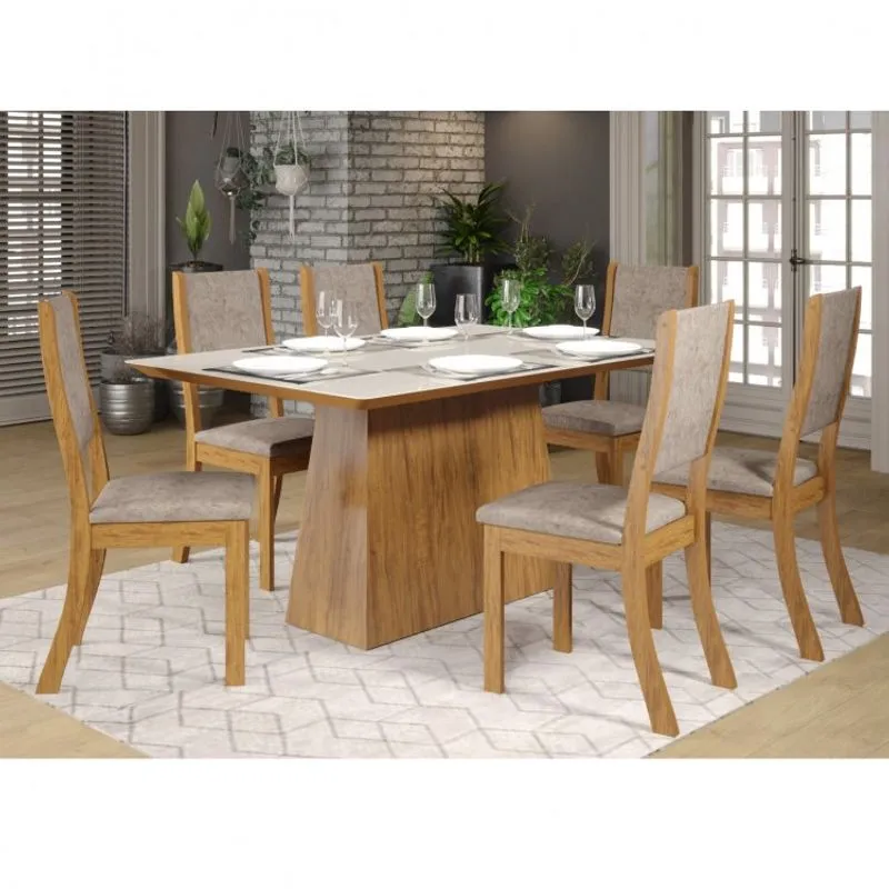 Conjunto Sala de Jantar Mesa Tampo Vidro Masha e 6 Cadeiras Kiara Viero Móveis Pinho/Off White/Malta
