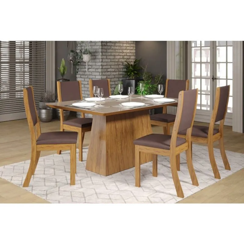 Conjunto Sala de Jantar Mesa Tampo Vidro Masha e 6 Cadeiras Kiara Viero Móveis Pinho/Bronze/Marrom