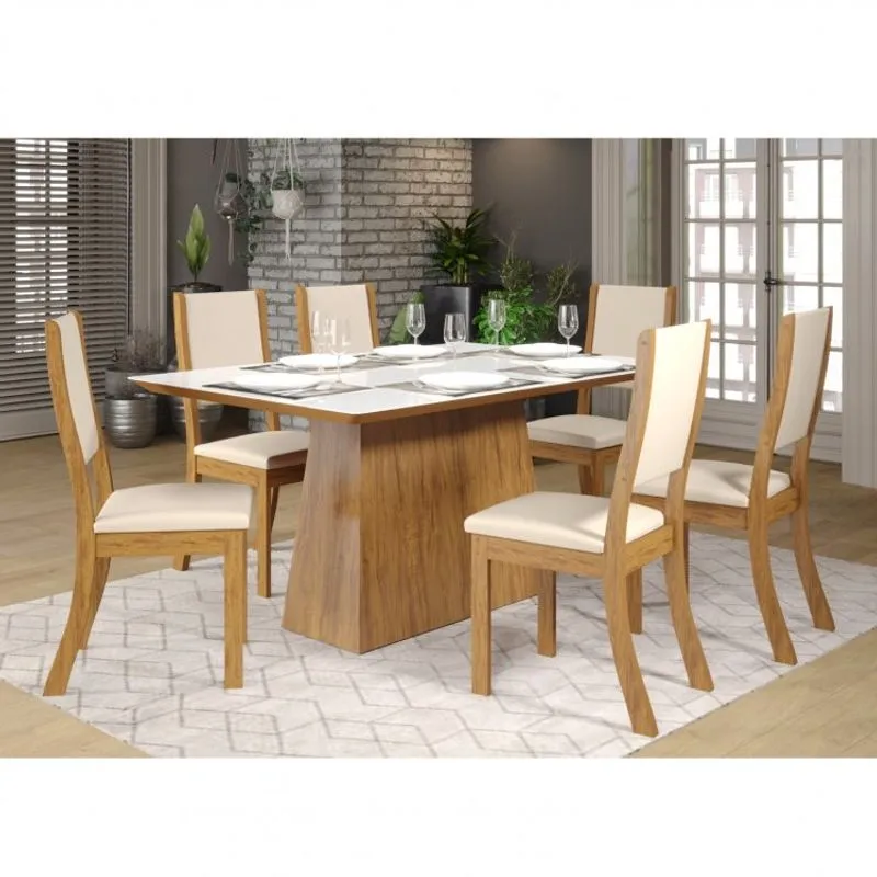Conjunto Sala de Jantar Mesa Tampo Vidro Masha e 6 Cadeiras Kiara Viero Móveis Pinho/Branco/Bege