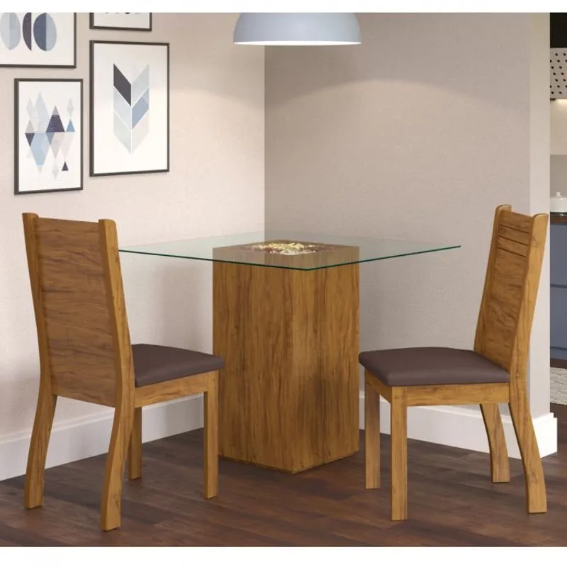 Conjunto Sala de Jantar Binky 1 Mesa com tampo de Vidro e 2 Cadeiras Viero Móveis Pinho/Marrom