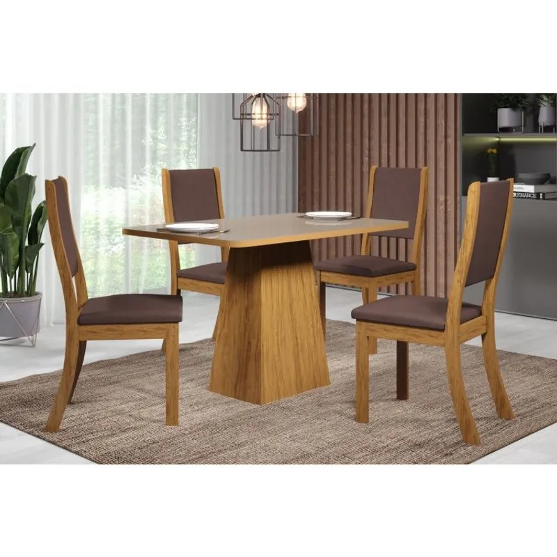 Conjunto Sala de Jantar Mesa com tampo de Vidro York e 4 Cadeiras Kiara Viero Pinho/Bronze/Marrom