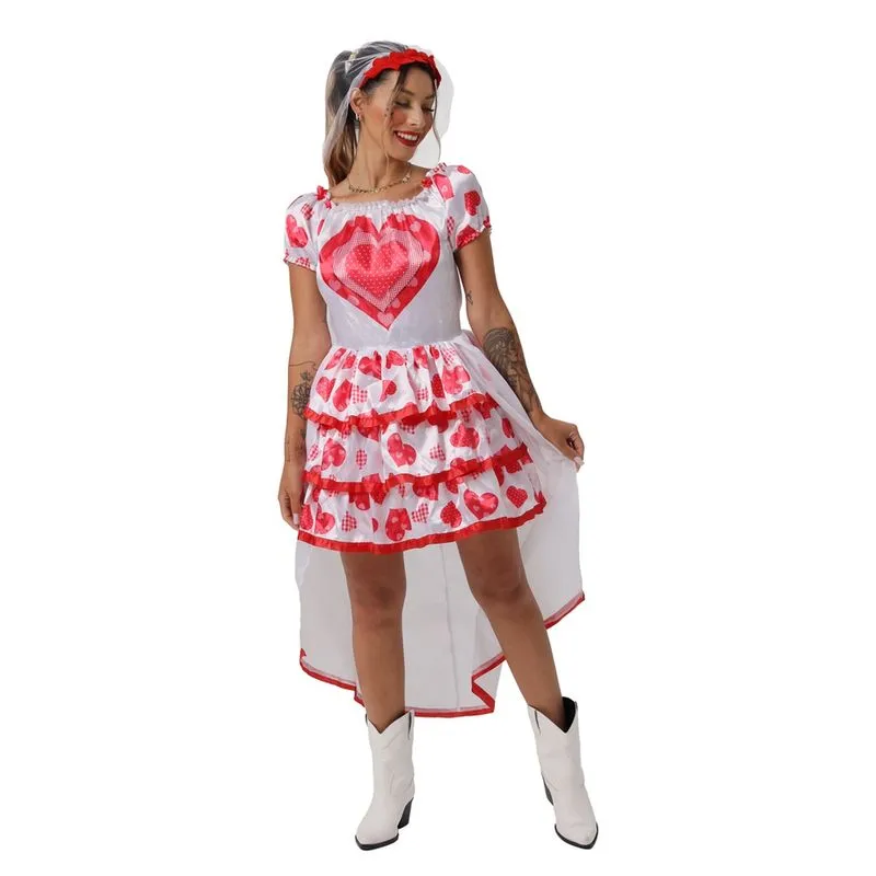 Vestido Noiva Junino Adulto Caipira de Quadrilha + Tiara Véu