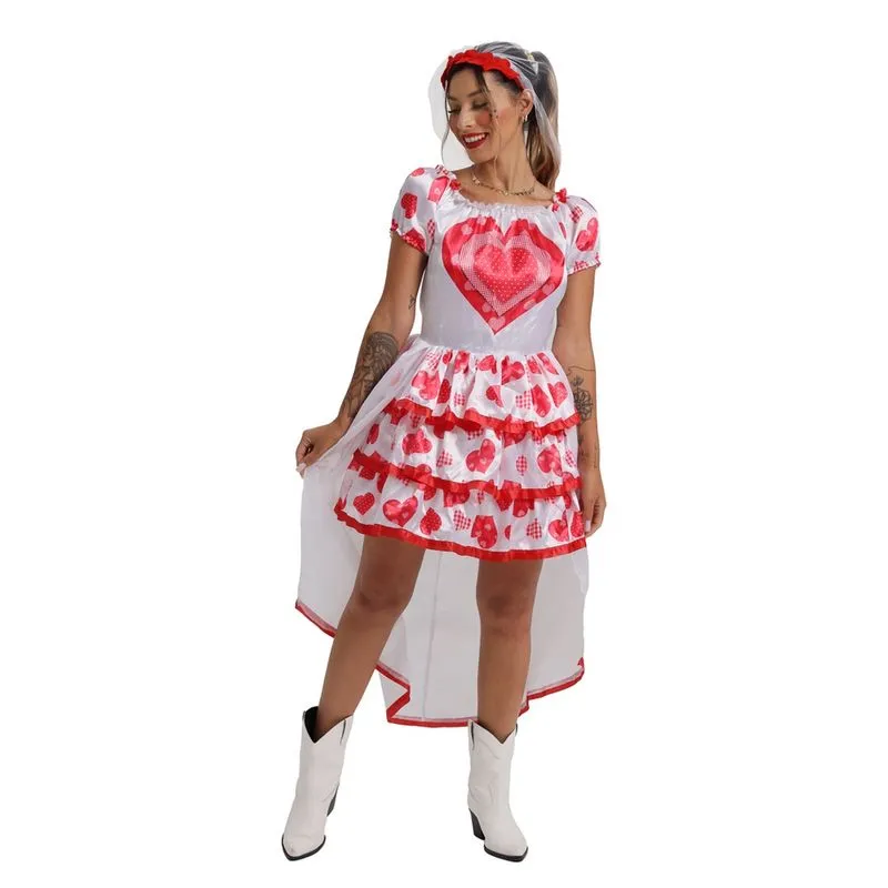 Vestido Noiva Junino Adulto Caipira de Quadrilha + Tiara Véu