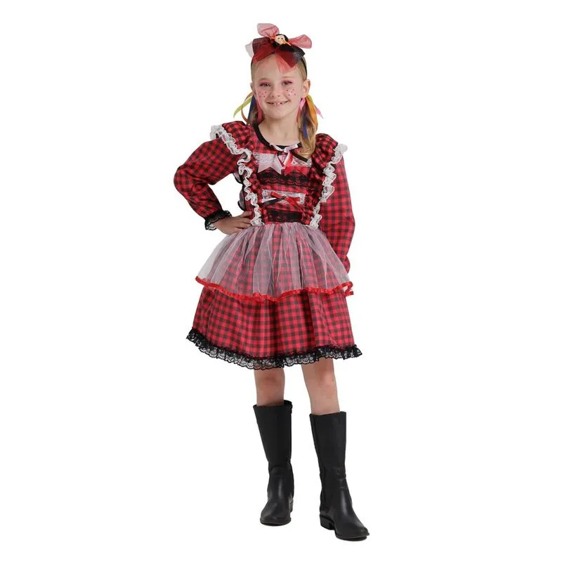 Vestido Festa Junina Infantil Vermelho Xadrez Manga longa