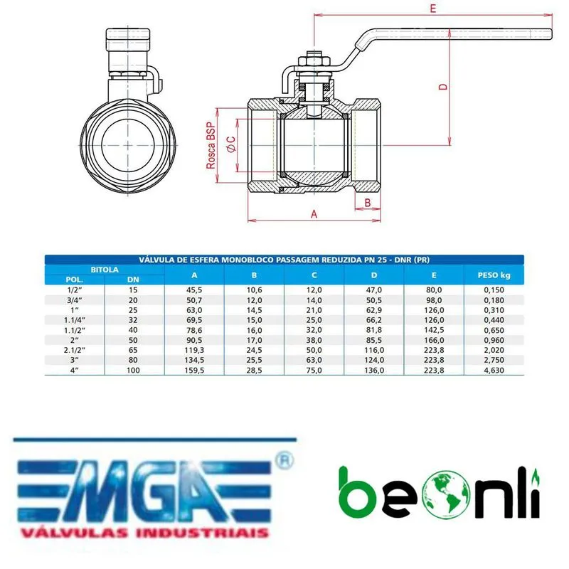 Valvula Esfera Monobloco 1 1/4 Bsp Pr Latao Manual Pn25 - Mga