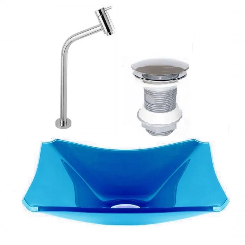 Cuba De Vidro Retangular 37cm Azul Claro+Válvula+Torneira