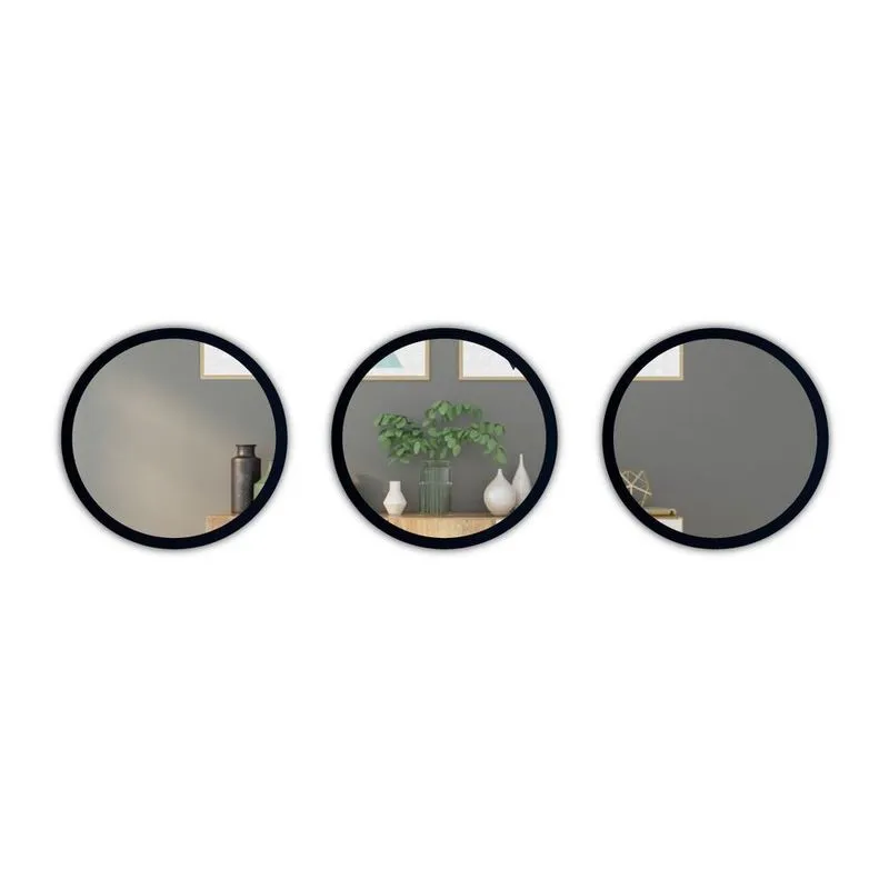 Kit 3 Espelhos Redondos Estilo Minimalista 40 Cm - Preto