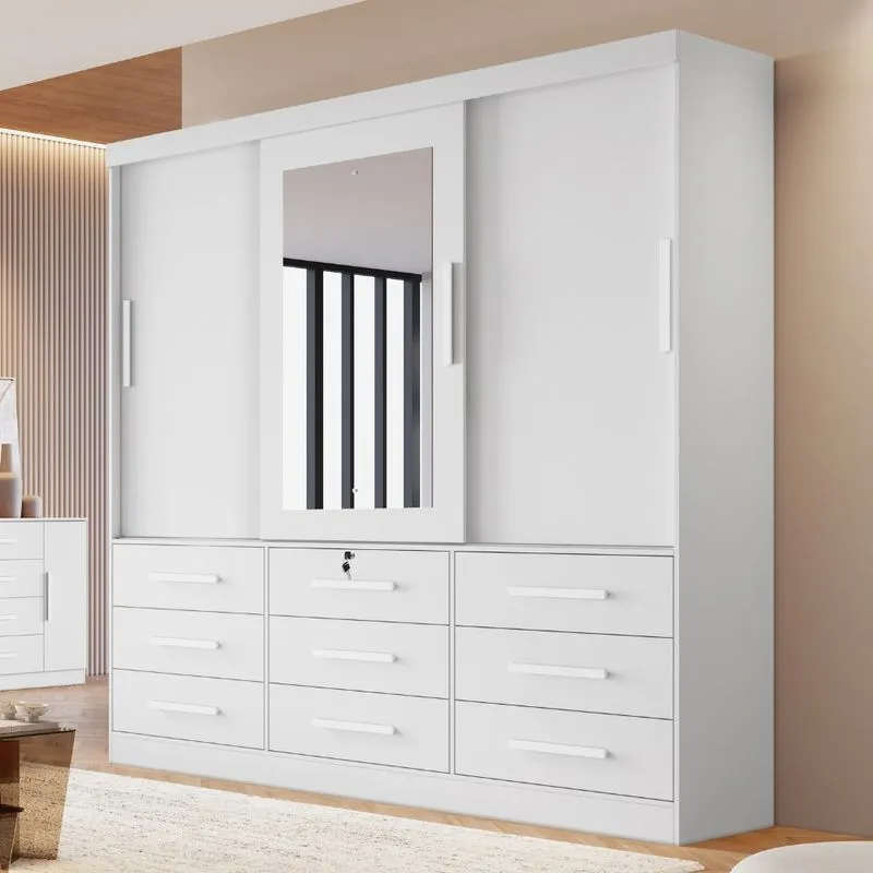 Guarda Roupa Casal com Espelho 3 Portas 9 Gavetas em MDF Athenas Bianchi