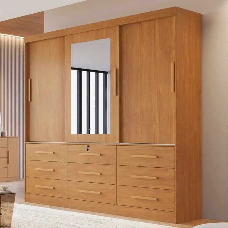 Guarda Roupa Casal com Espelho 3 Portas 9 Gavetas em MDF Athenas Bianchi