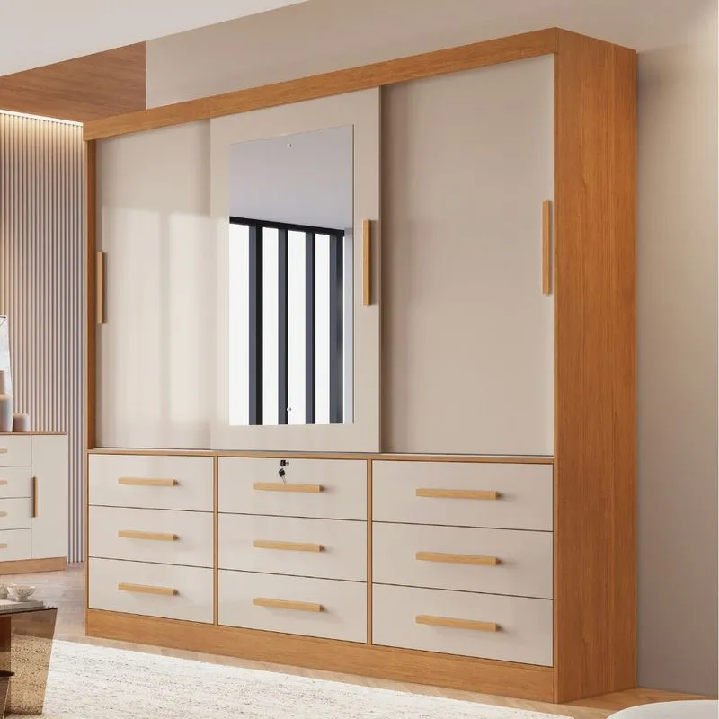 Guarda Roupa Casal com Espelho 3 Portas 9 Gavetas em MDF Athenas Bianchi