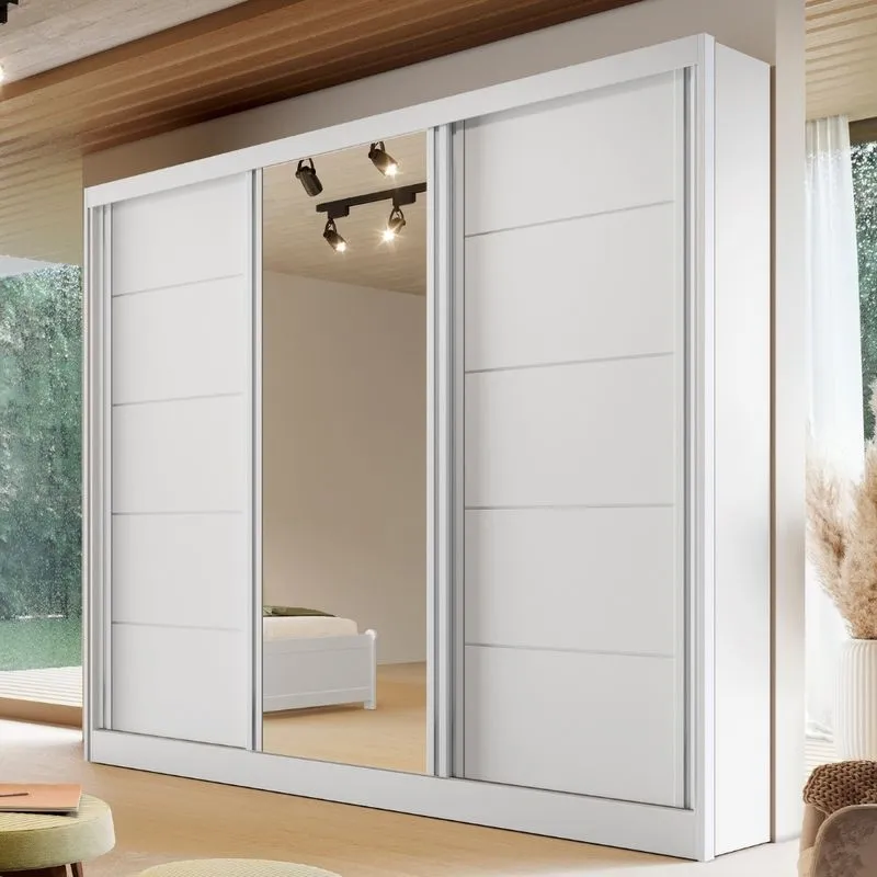 Guarda Roupa Casal com Espelho 3 Portas de Correr em MDF Capri Plus Bianchi