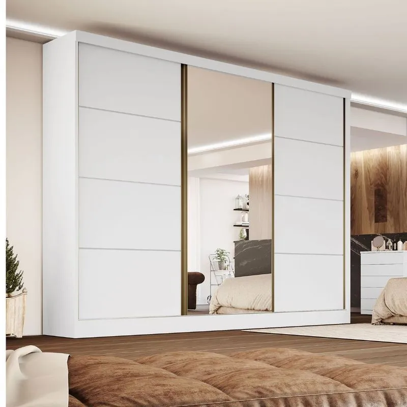 Guarda Roupa Casal com 1 Espelho 3 Portas de Correr Em MDF Nexus Bianchi