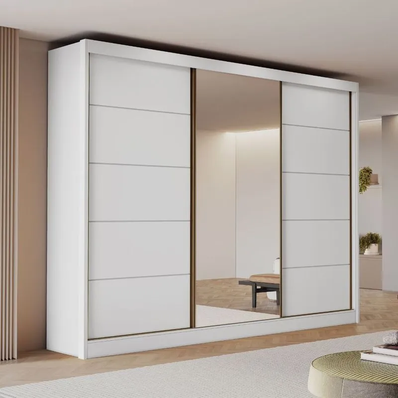 Guarda Roupa Casal com Espelho 3 Portas de Correr em MDF Tokio Bianchi